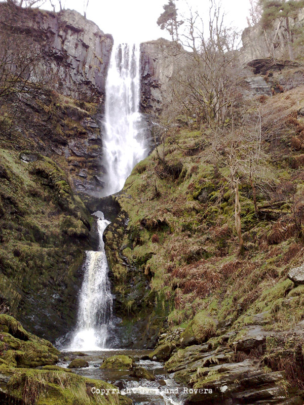 Looking up at Pistyll Waterfall in Wales