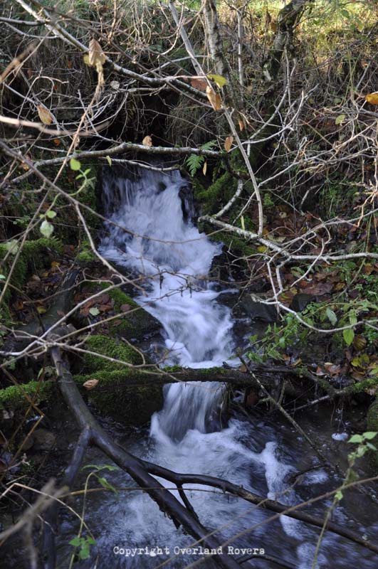 A stream cascading down some stones, with twigs and other greenery surrounding the frame